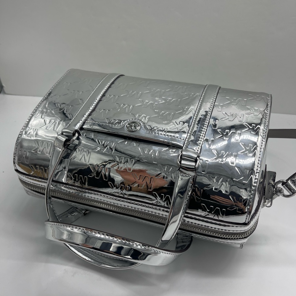 MICHAEL KORS Jet Set Medm Patent Logo Debossed Duffel Crossbody Bag
Silver 
NWT - Picture 8 of 15